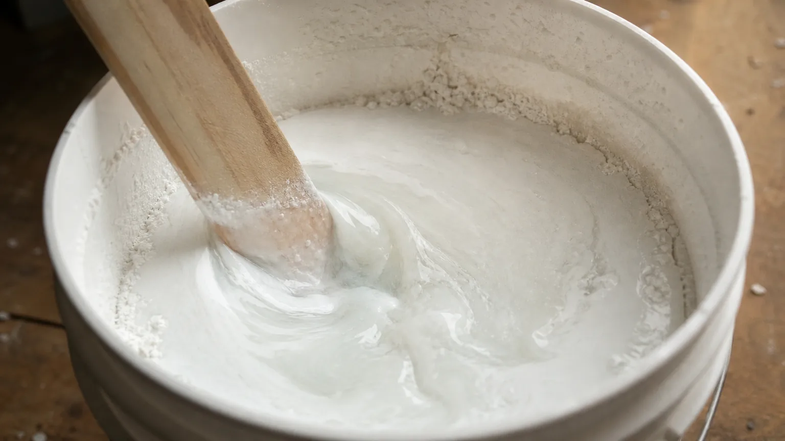 Wooden stirring stick mixing whitish silicate mineral primer inside an open LEINOS plastic pail