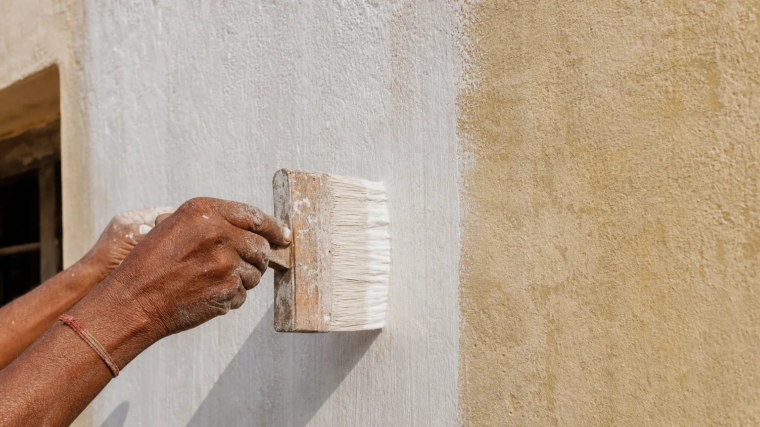 Indian craftsman applying whitish silicate primer onto a raw lime-plastered interior wall with a wide flat masonry brush