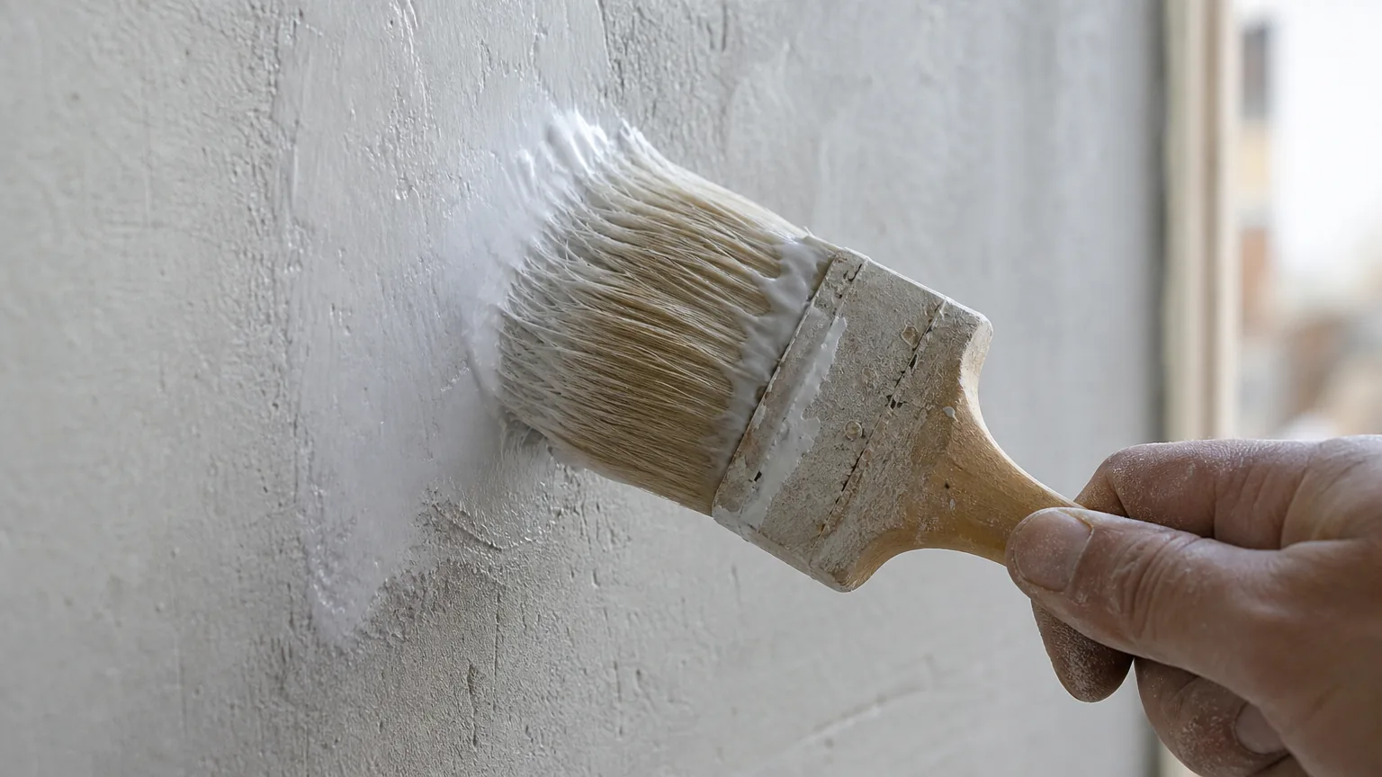 Masonry brush working pooled primer back across a low-absorbency wall patch, redistributing surplus into absorbent zones