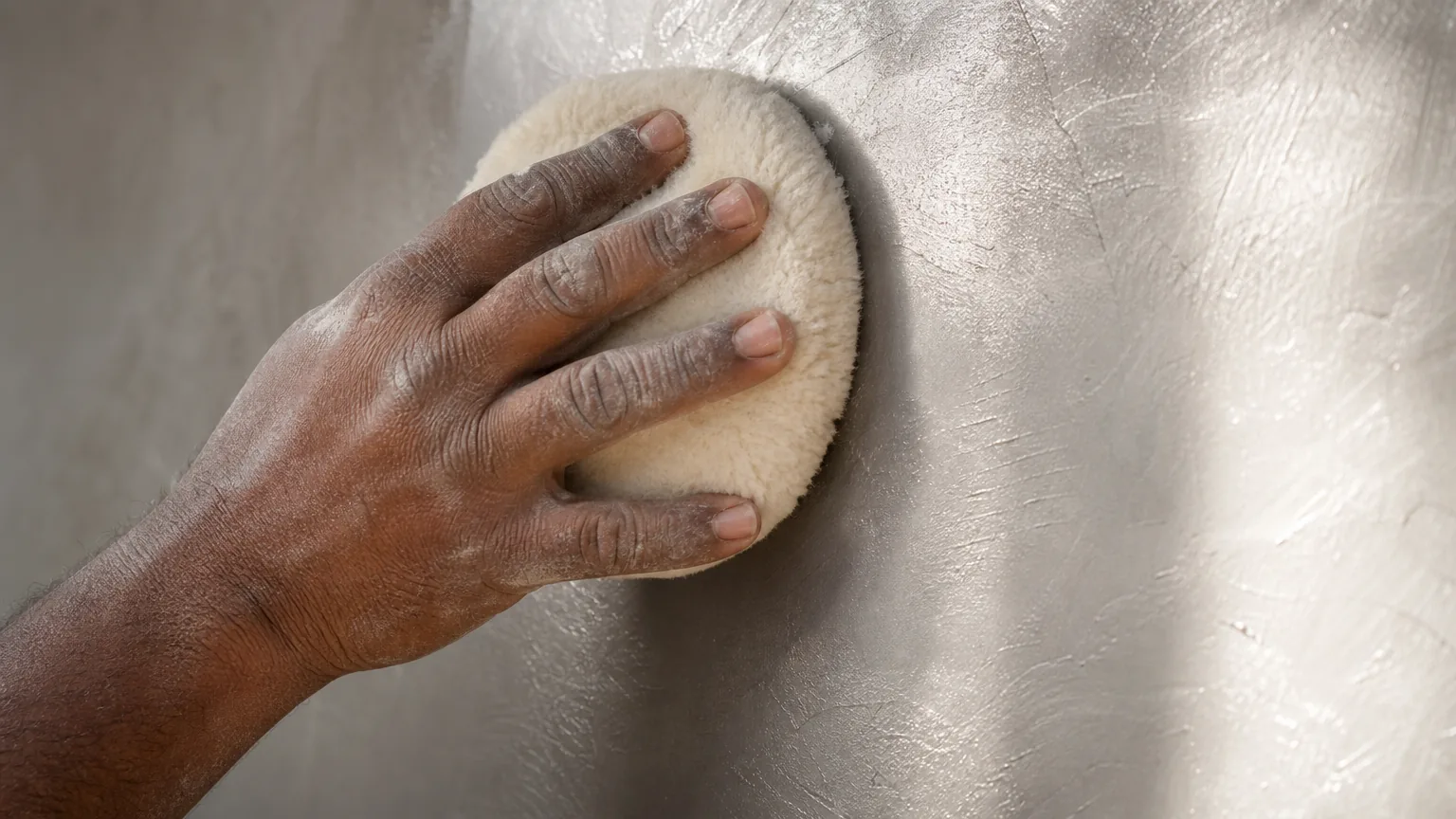 Indian craftsman polishing a scumble-plaster feature wall with a round lamb’s-wool polishing pad