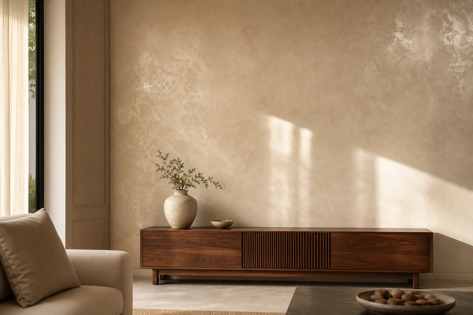 Finished polished Venetian-plaster feature wall in a premium Indian living room with raking daylight