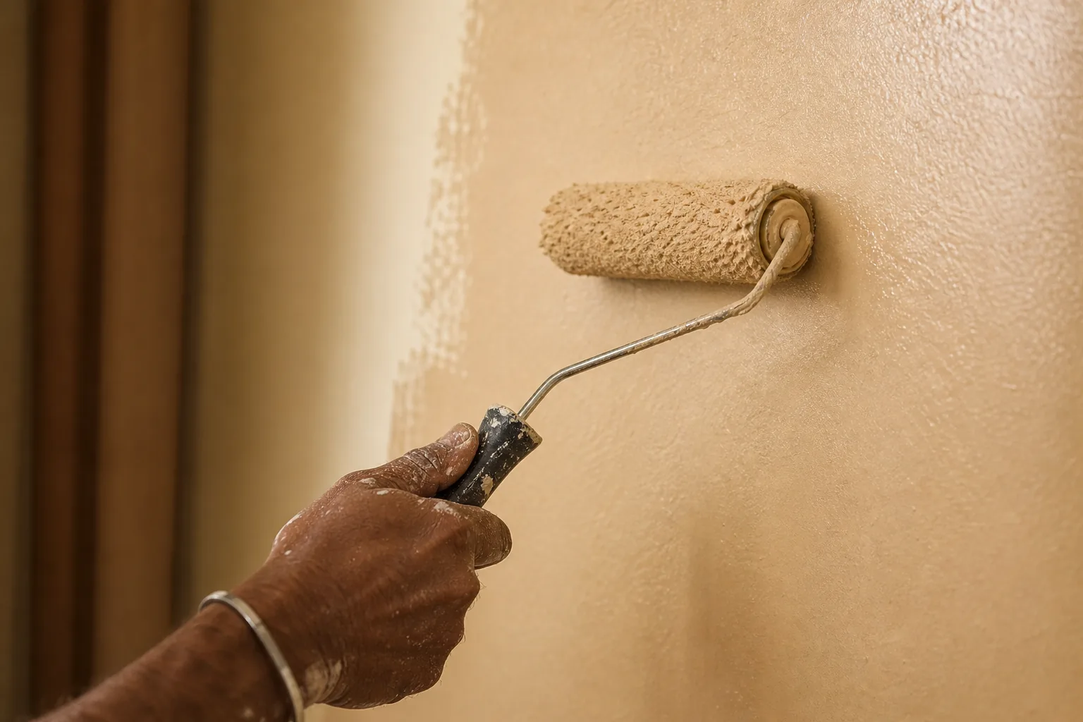 Indian decorator rolling a tinted warm base coat onto a smooth interior wall before the vintage relief spatula