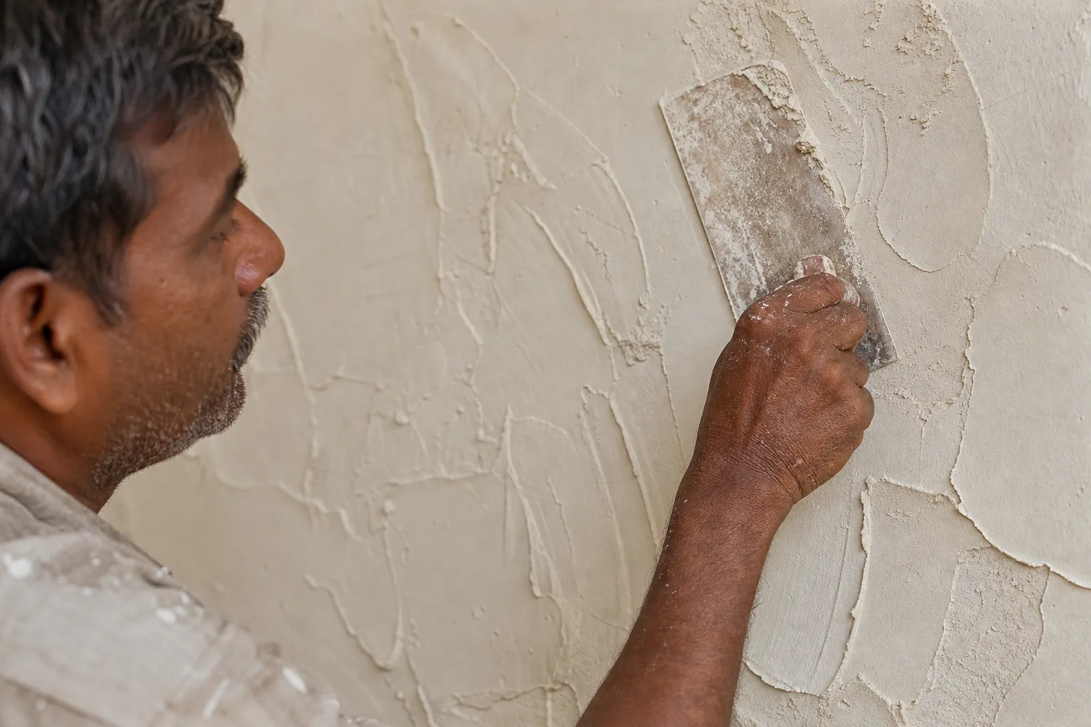 Indian craftsman troweling a thin uneven layer of vintage wall ground onto an interior wall with a Japanese spatula