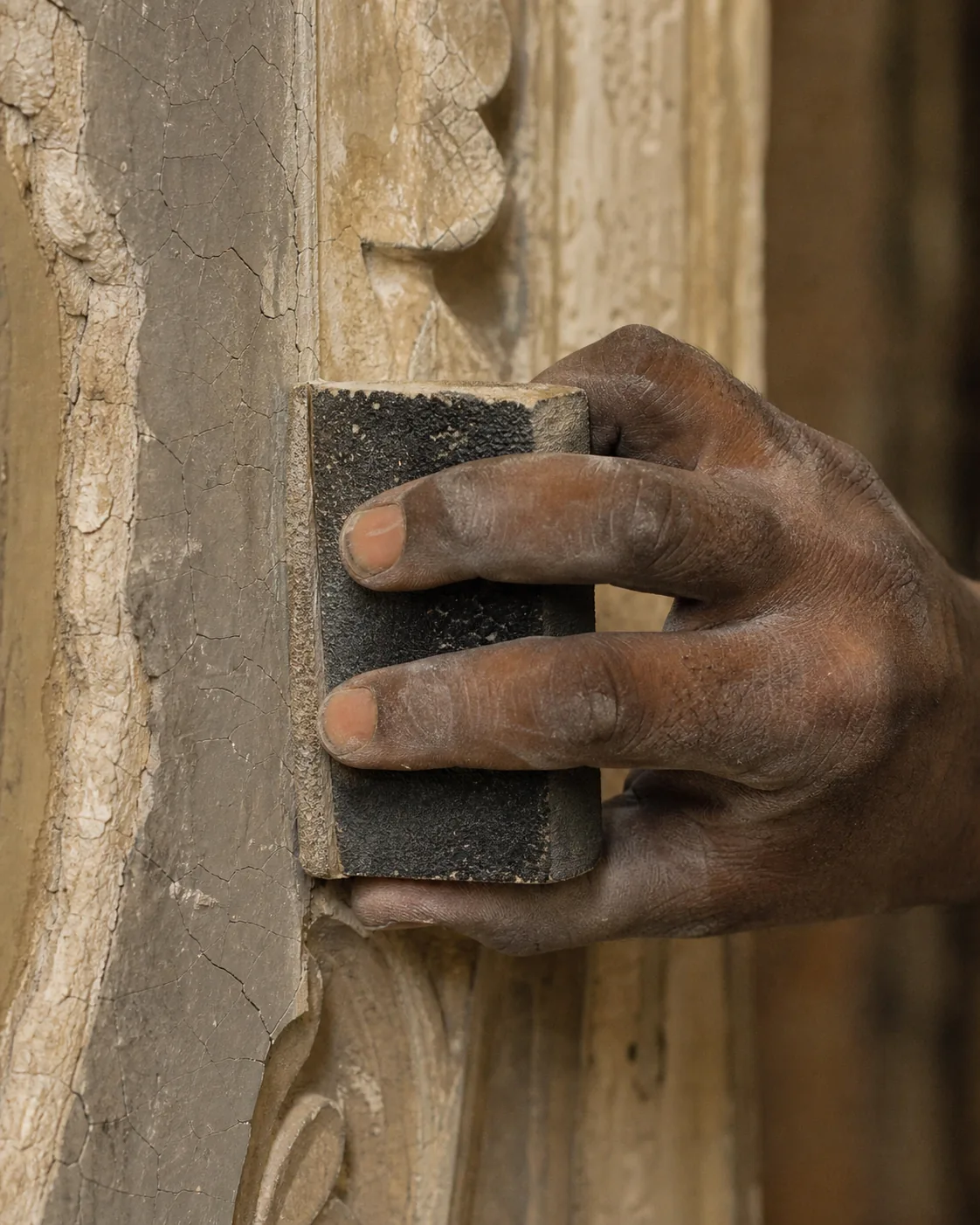 Sanding back a cracked multi-tone vintage relief wall to reveal layered warm colours in the craquelure texture