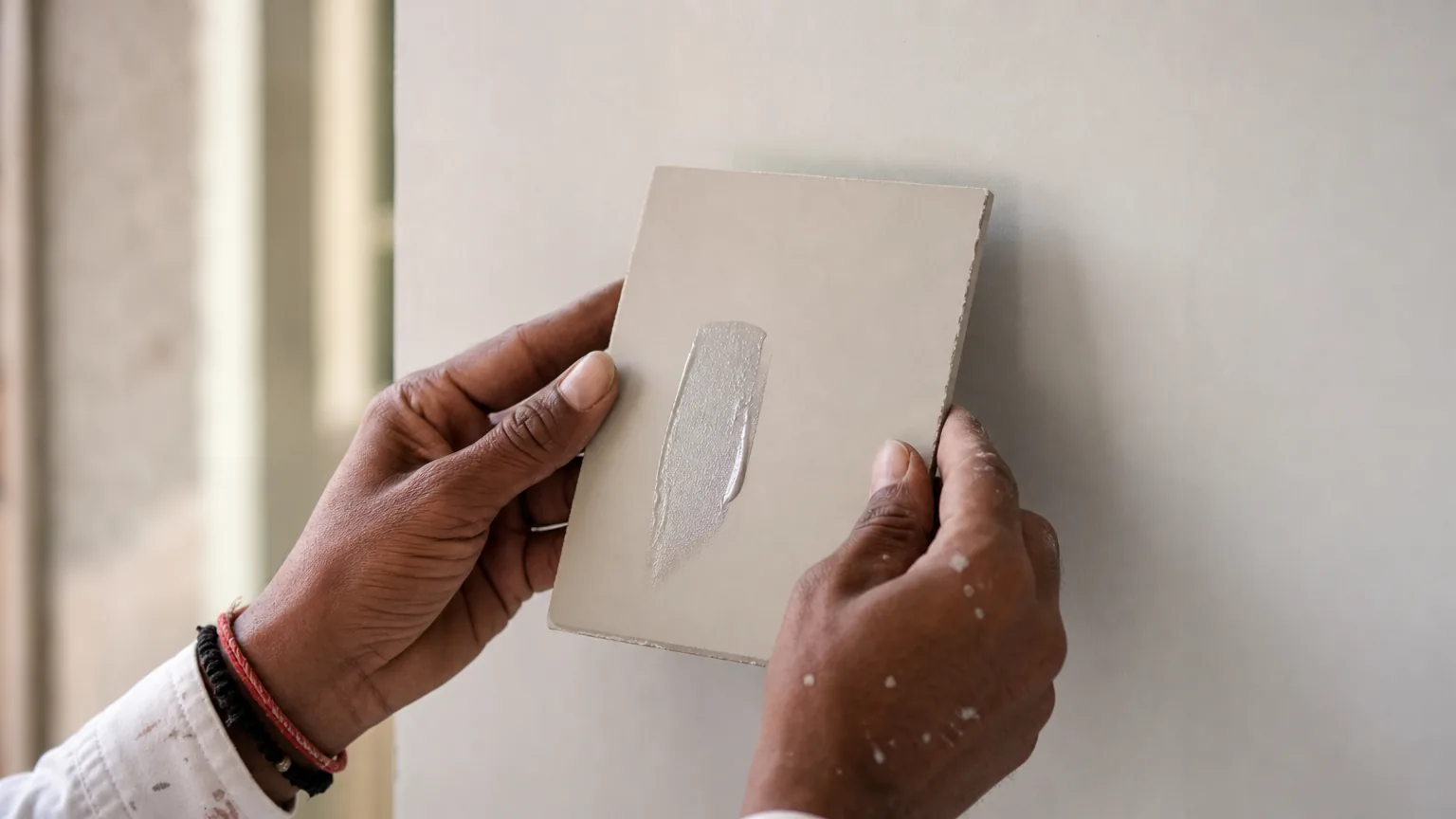 Indian decorator’s hands holding a coated sample board with a metallic-silver spatula test patch against an interior wall