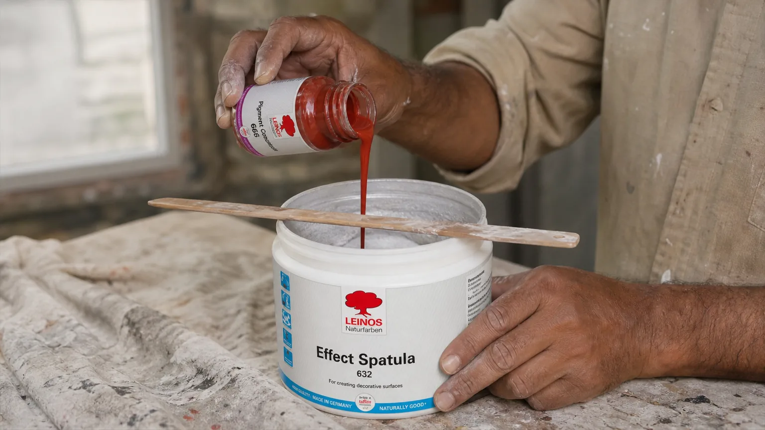 Pouring LEINOS 668 Pigment Concentrate into an open pail of LEINOS 632 Effect Spatula and stirring the tinted compound