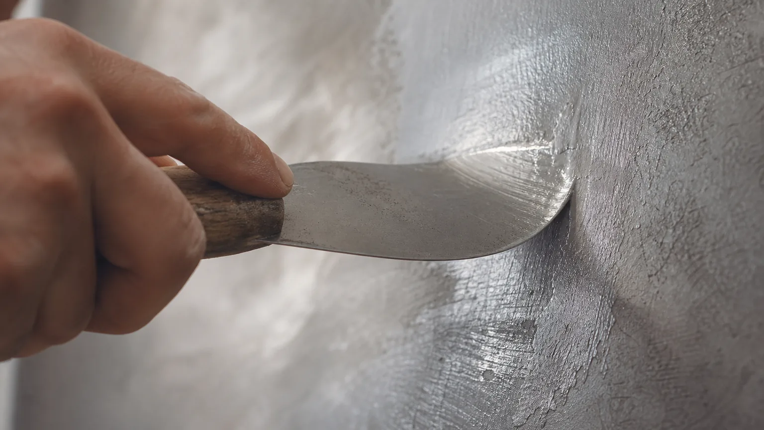 Close-up of a Japanese spatula drawing a thin metallic shimmer layer across an interior feature wall