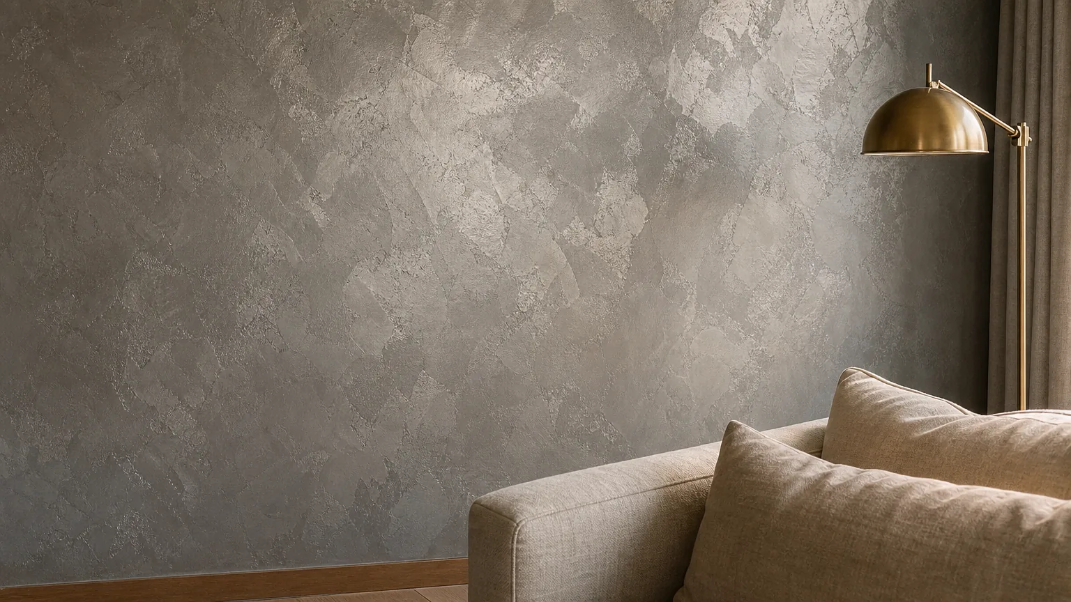Finished metallic-silver spatula feature wall in a premium Indian living room with raking daylight