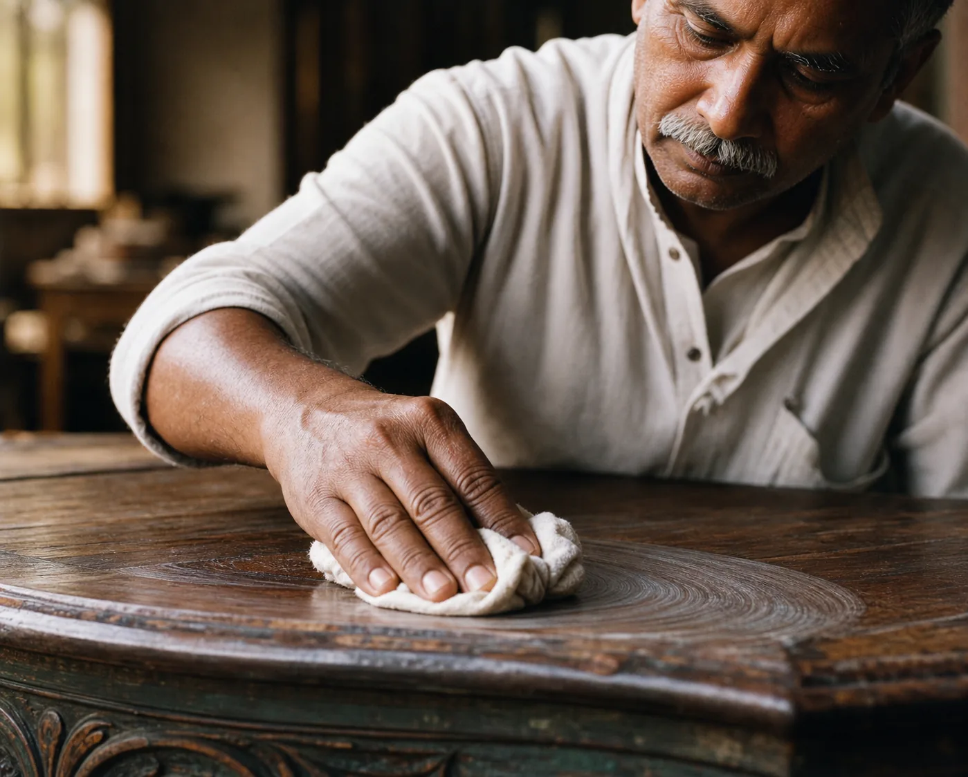 Massaging a thin film of white wax emulsion into an aged vintage wood surface with a soft cotton cloth in circular motions
