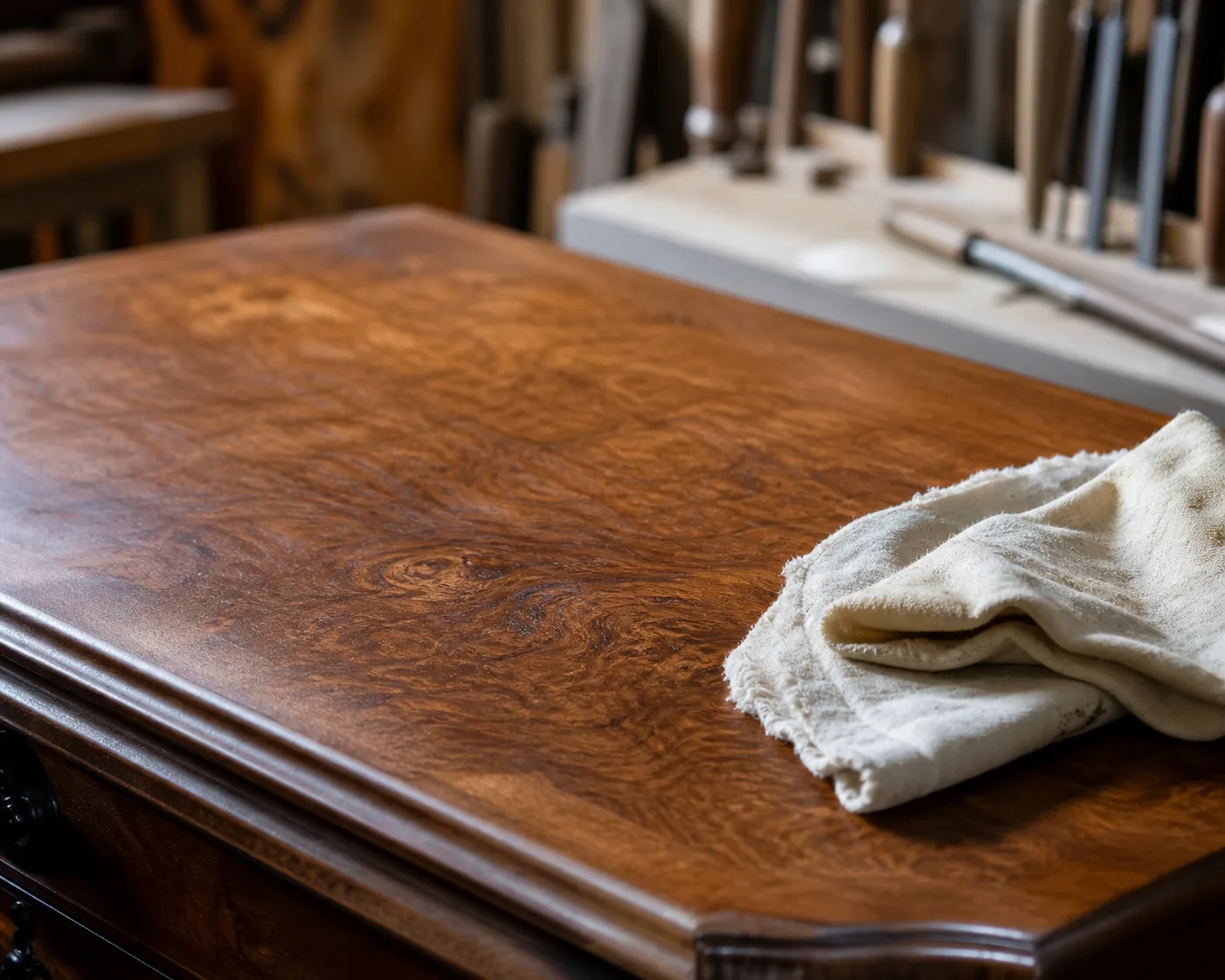 A freshly wax-treated vintage wood surface left to dry to a soft matt polishable state, a folded cloth resting beside it