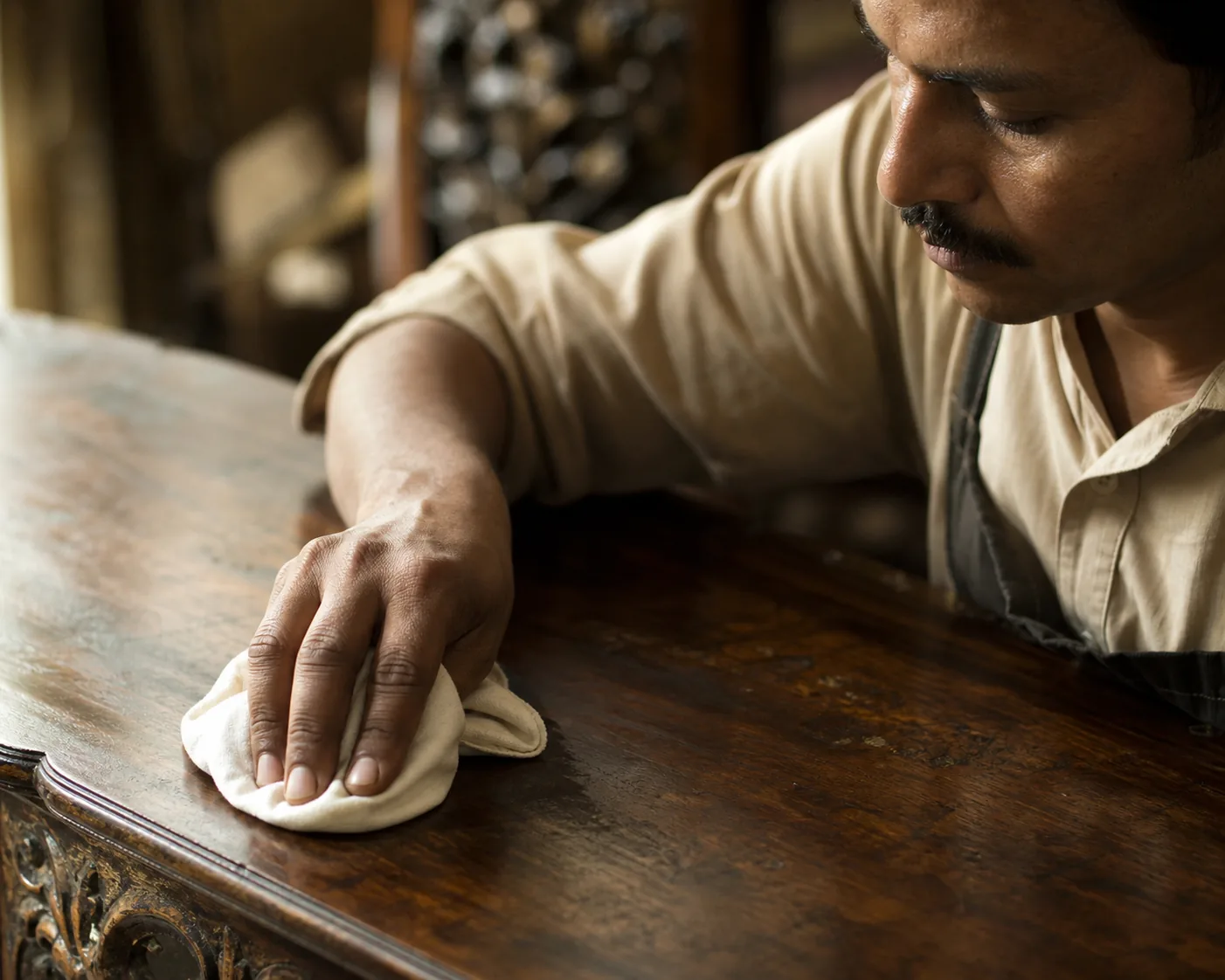 Buffing a dried wax-treated vintage wood surface with a clean cotton cloth to raise a silky sheen across the aged patina