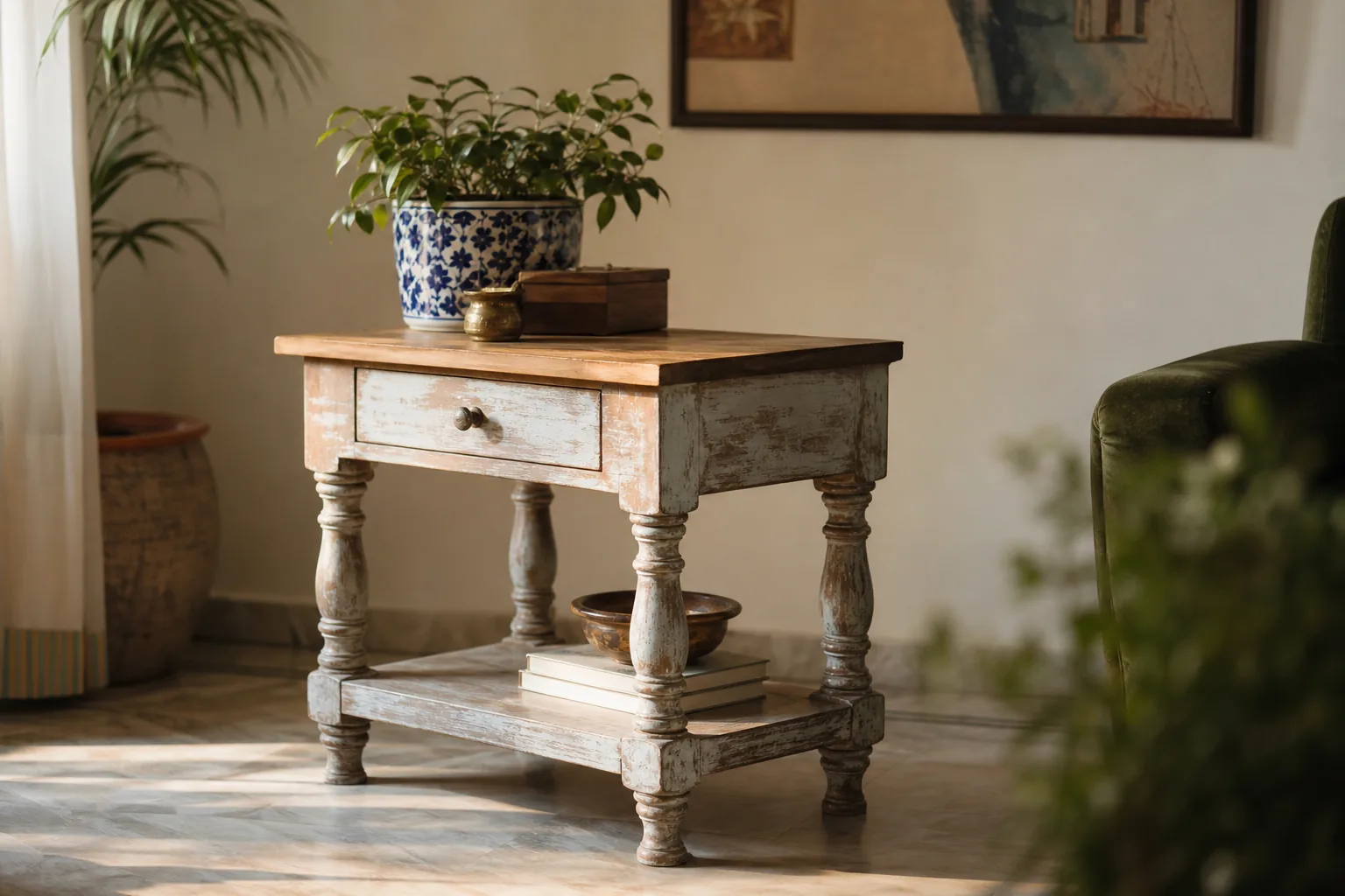 A finished sealed shabby-chic vintage side table with a soft aged patina and warm silky sheen in a contemporary Indian interior