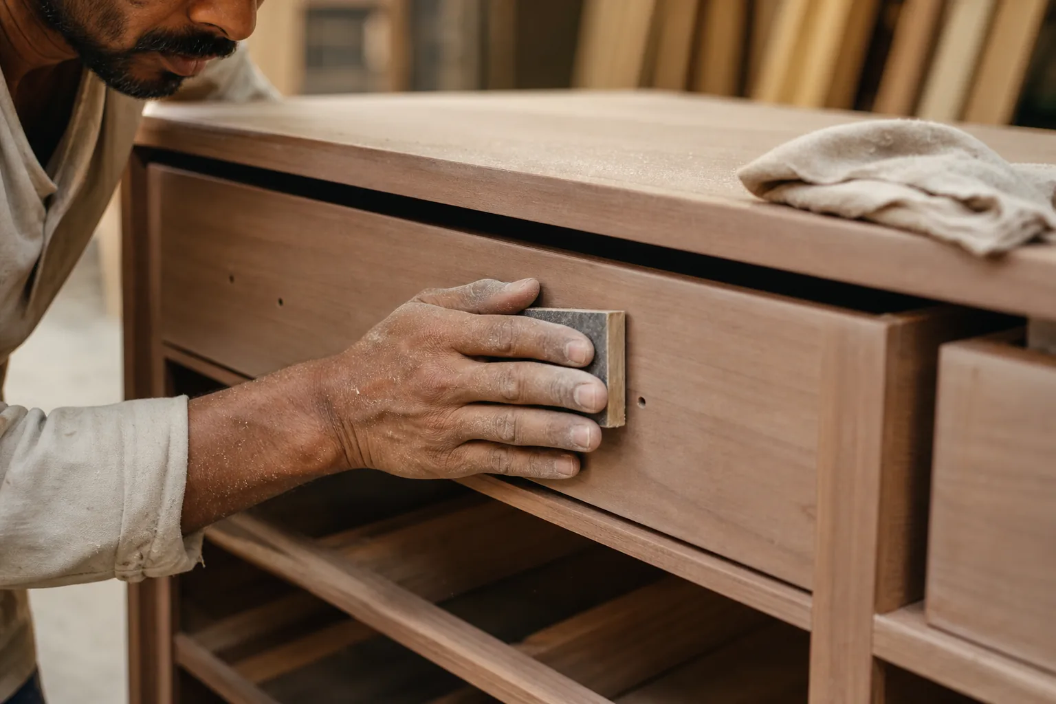 Indian craftsman lightly hand-sanding the flat drawer front of a bare wooden sideboard with a fine sanding block, pale wood dust and a folded tack cloth beside it