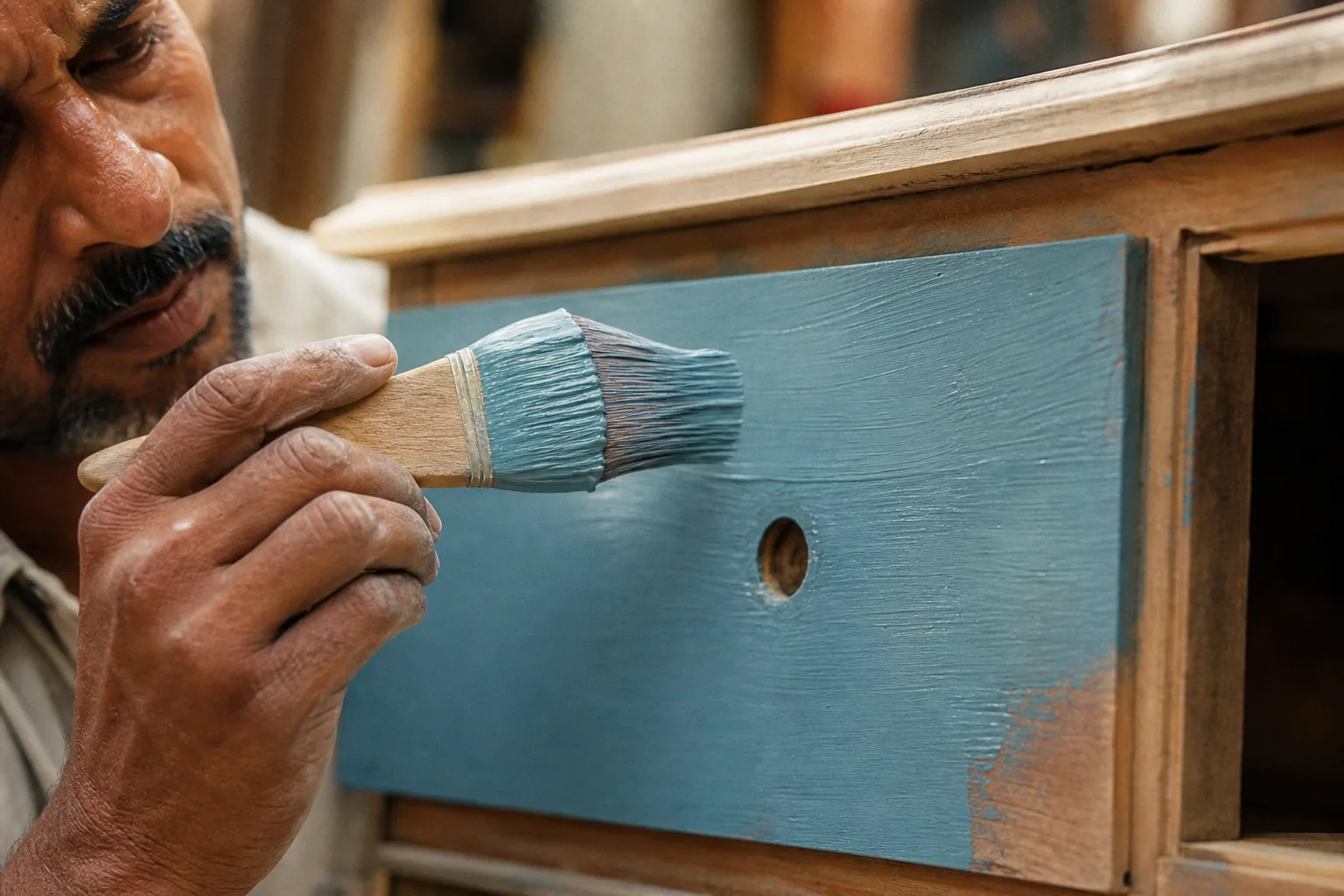 Indian craftsman brushing the first coat of soft matt Pacific-blue chalk paint onto a wooden sideboard drawer front with a flat oval bristle brush in even overlapping strokes
