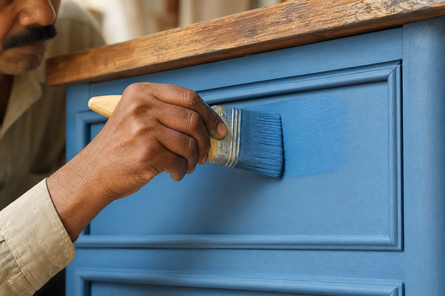 Indian craftsman applying an even second coat of matt Pacific-blue chalk paint over the dried first coat on a wooden sideboard panel, deeper uniform opacity building