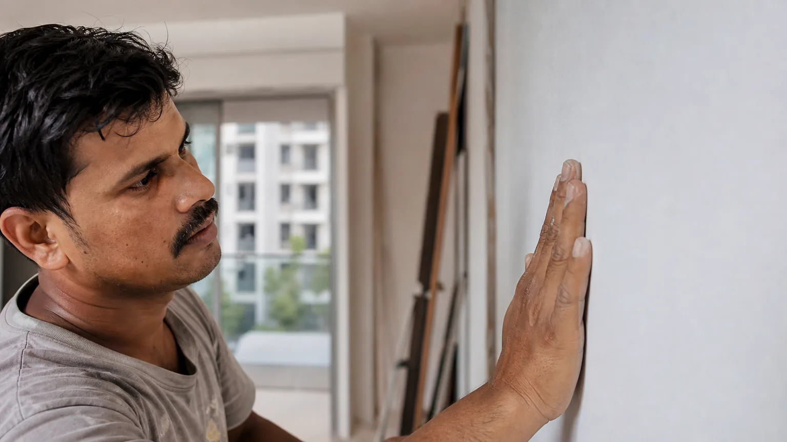 Indian craftsman inspecting a modern interior apartment wall, palm pressed flat to check for dust and adhesion of the existing surface