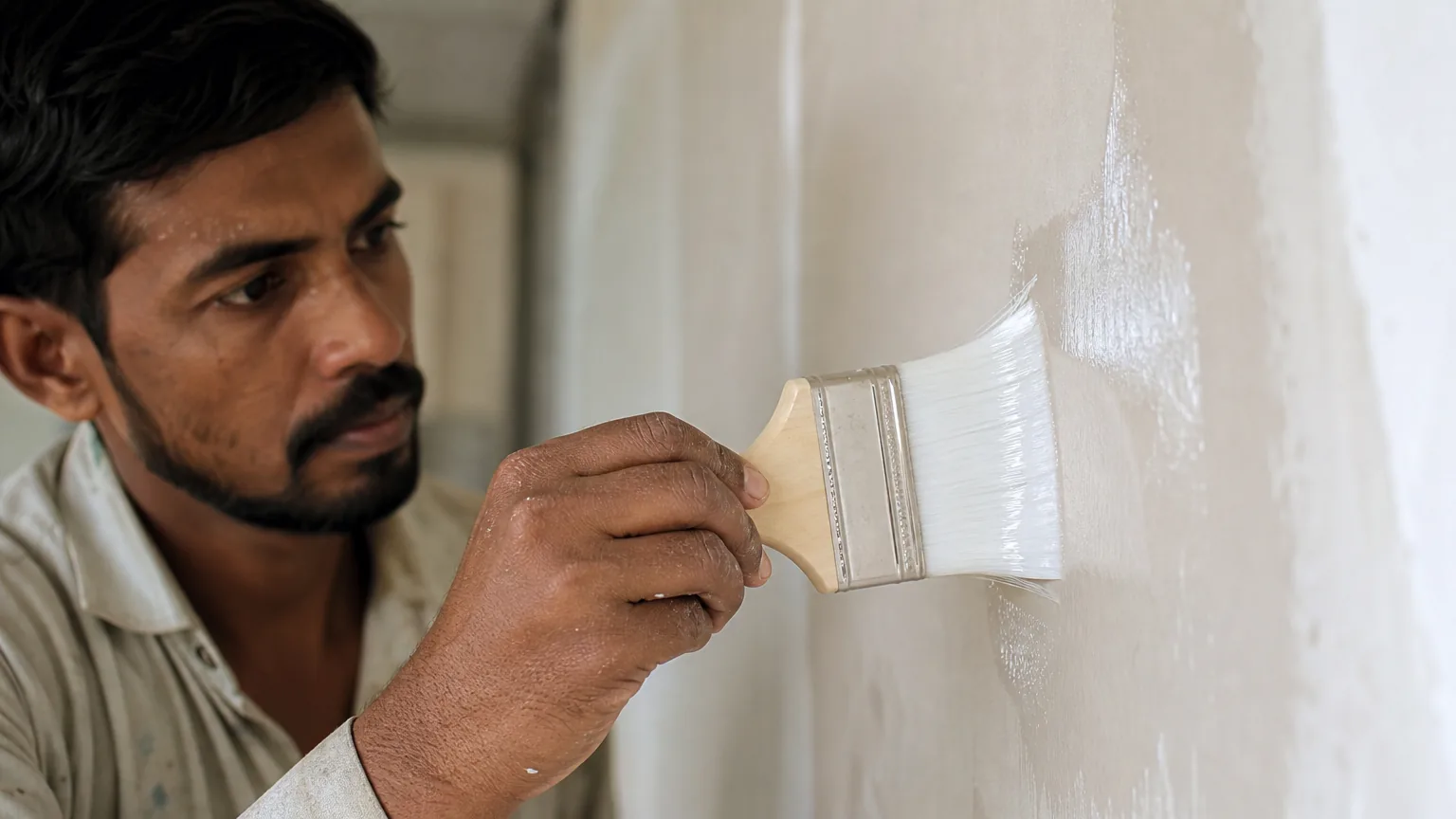 Indian craftsman brushing transparent water-based deep sealer onto a patch of plasterboard wall with a flat painter’s brush