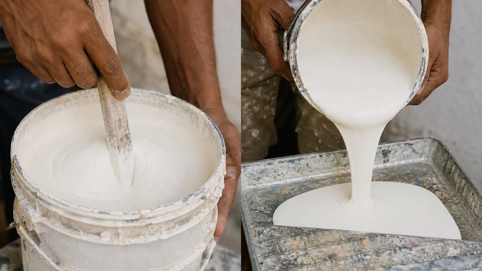 Indian craftsman stirring a creamy-white natural-resin emulsion paint pail with a wooden stirring stick and pouring into an open painter tray