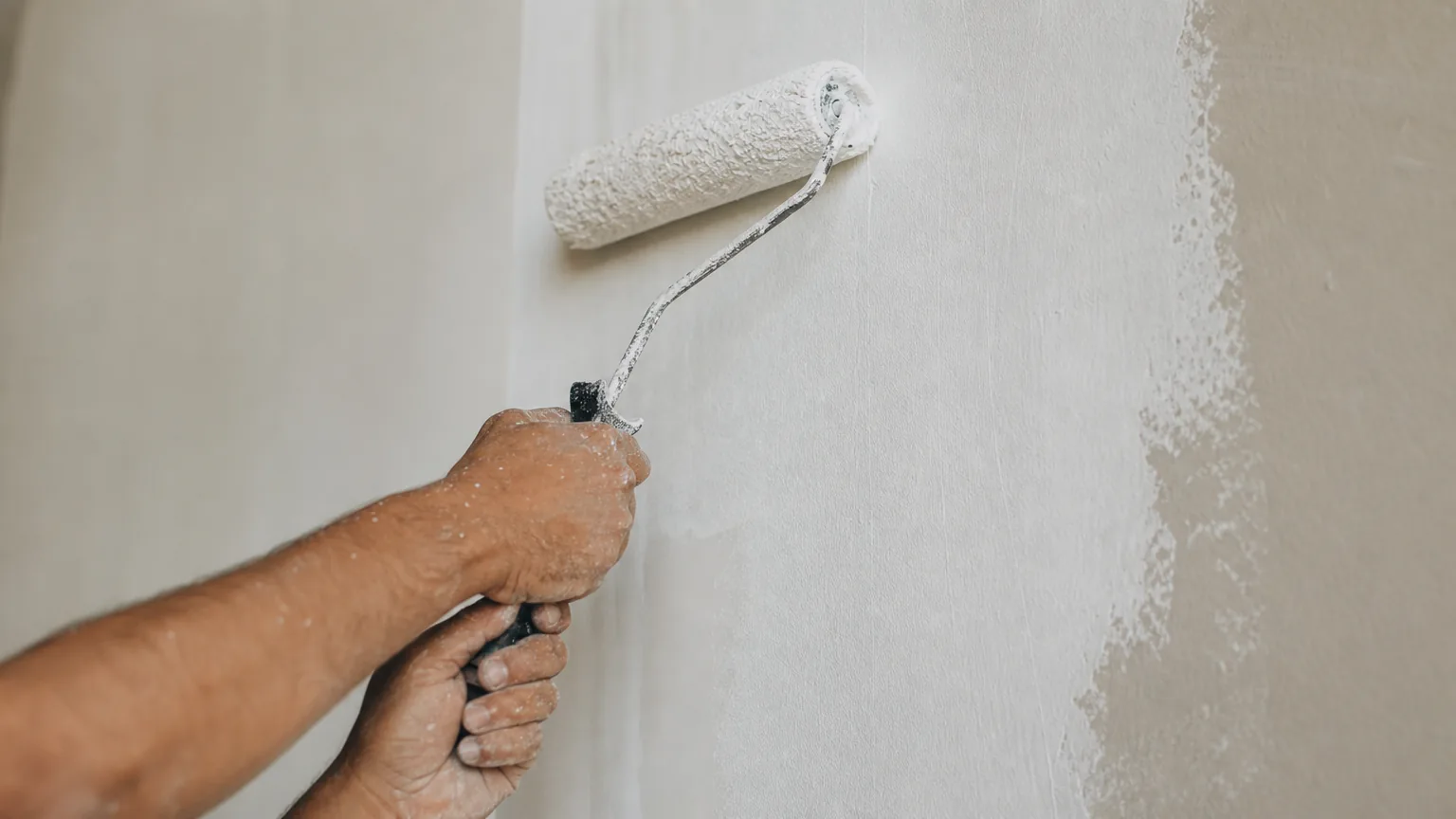 Indian craftsman applying creamy white natural-resin emulsion paint with a medium-pile microfibre roller in long vertical strokes across a modern apartment wall