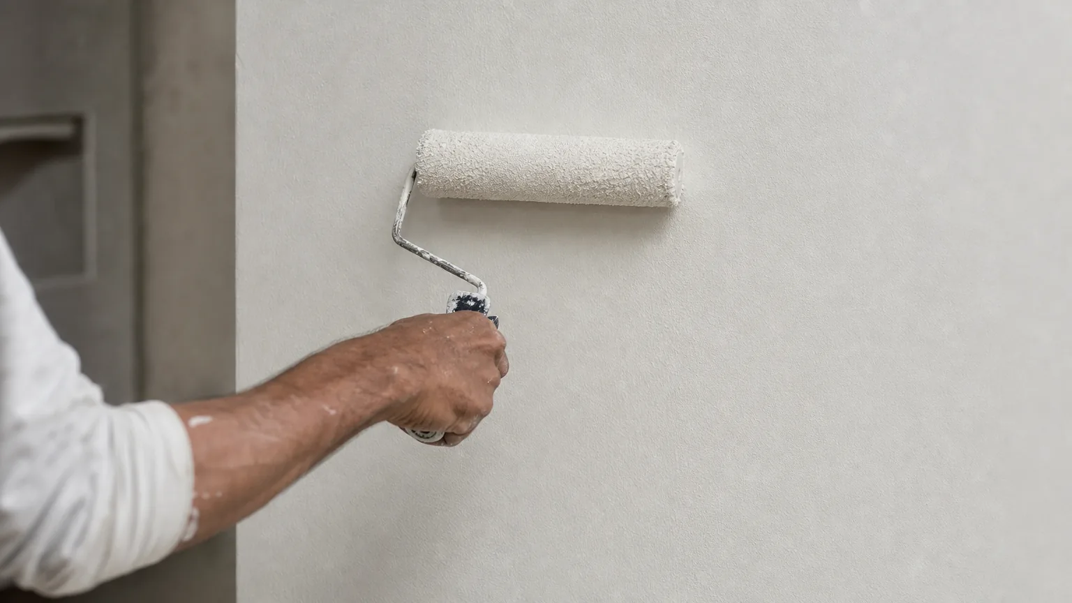 Indian craftsman applying the second coat of natural-resin emulsion paint over the dried first coat with a microfibre roller — deeper matt opacity visible