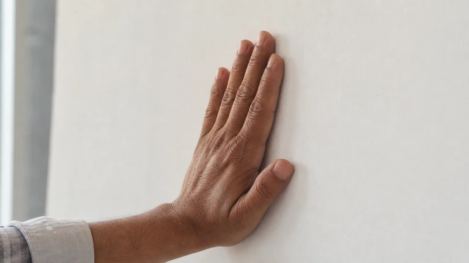 Indian craftsman inspecting a freshly plastered contemporary apartment interior wall, palm pressed flat to check for dust and absorbency of the matt mineral surface