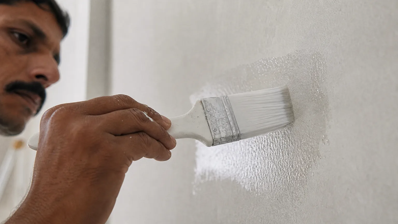 Indian craftsman brushing transparent water-based deep sealer onto a patch of contemporary gypsum-board wall with a flat painter’s brush