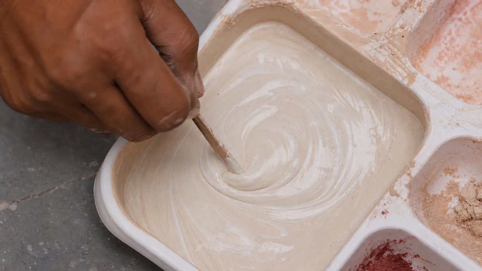 Indian craftsman stirring a creamy off-white clay paint pail with a wooden stirring stick and pouring into an open painter tray, mineral pigment depth visible
