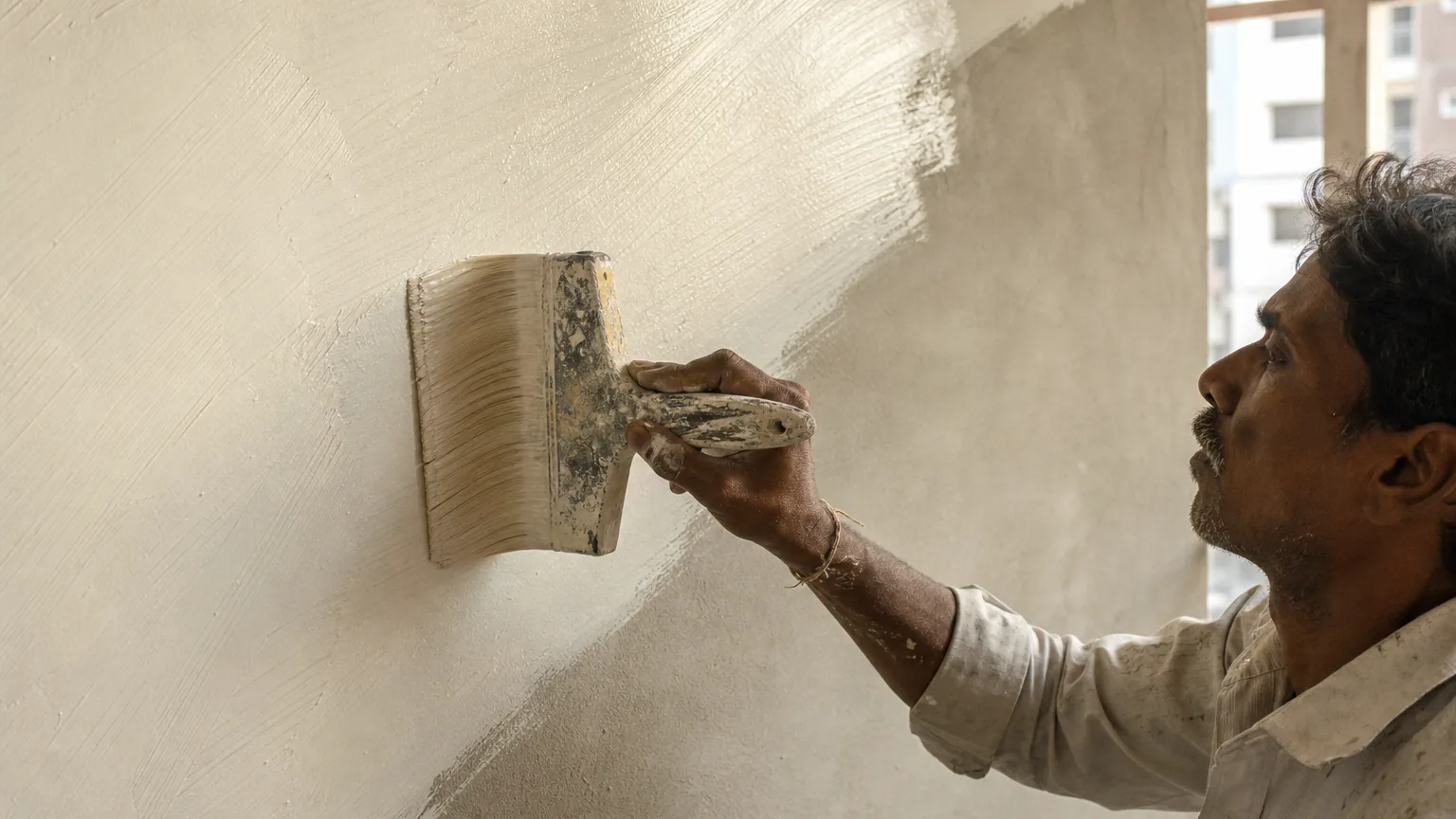 Indian craftsman applying creamy off-white clay paint with a wide flat painter brush in long overlapping strokes across a contemporary apartment feature wall
