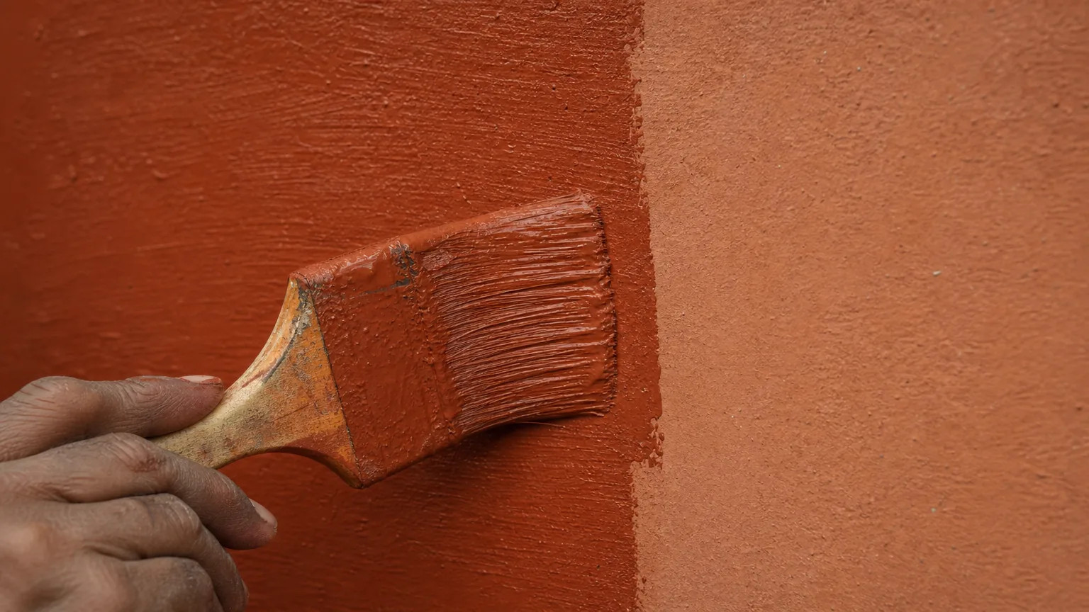 Indian craftsman applying the optional second coat of clay paint over the dried first coat with a flat painter brush — deeper iron-oxide red matt opacity visible