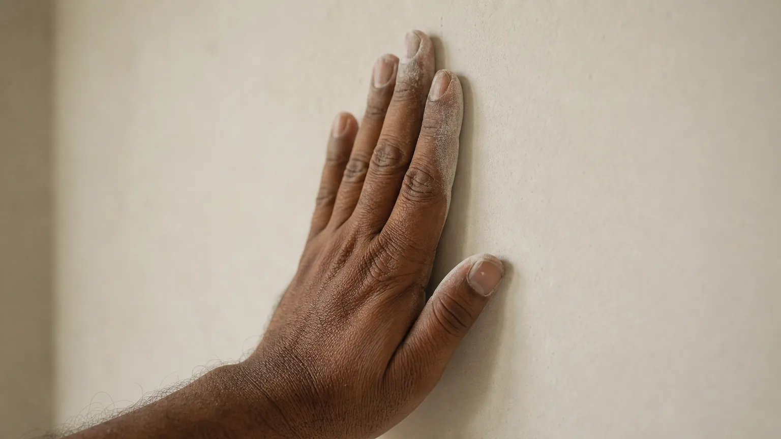 Indian craftsman inspecting a modern interior apartment wall with palm pressed flat checking for dust and absorbency on smooth gypsum surface