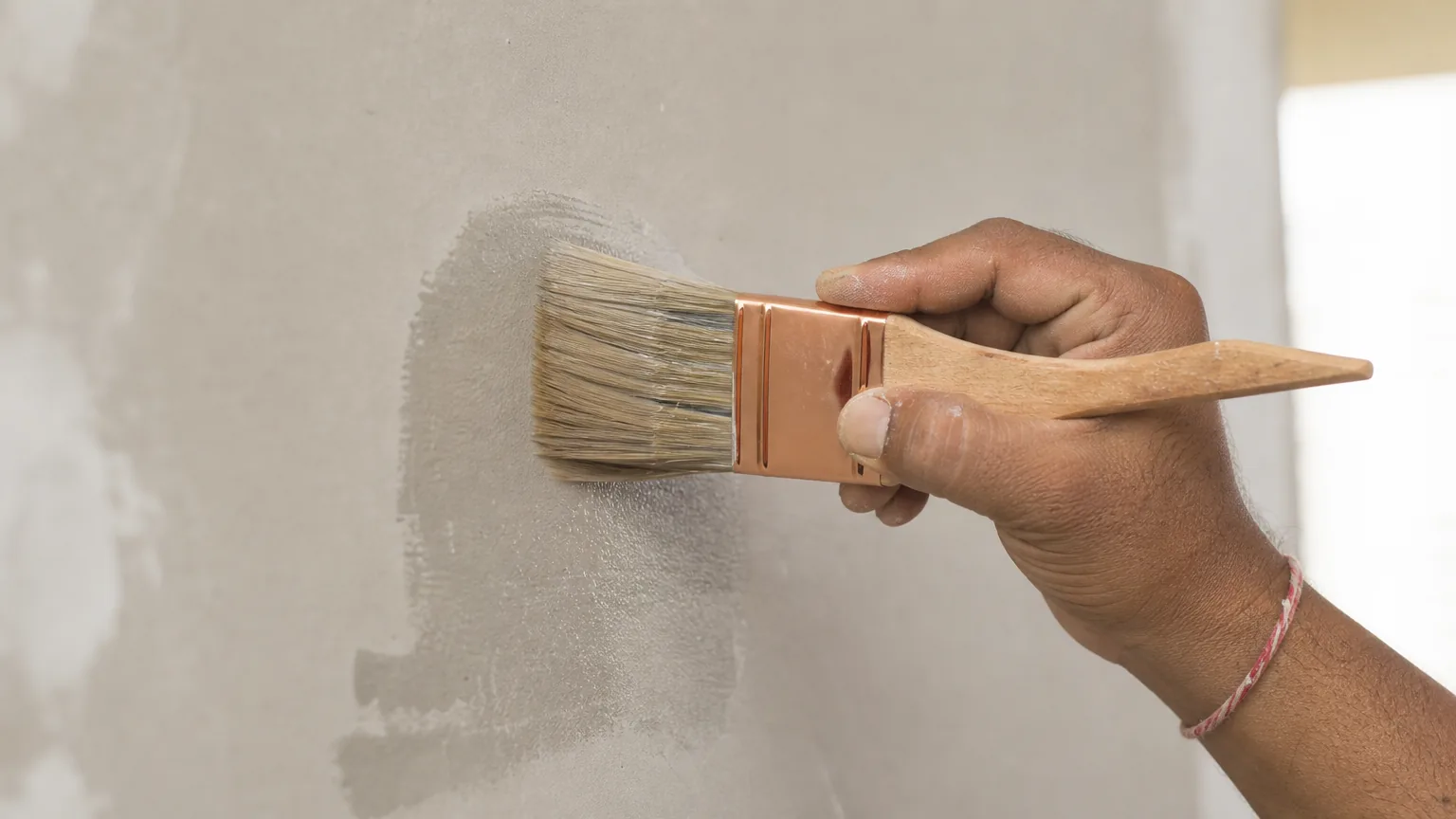 Indian craftsman brushing transparent water-based deep sealer onto a chalking patch of interior gypsum wall with a flat painter’s brush