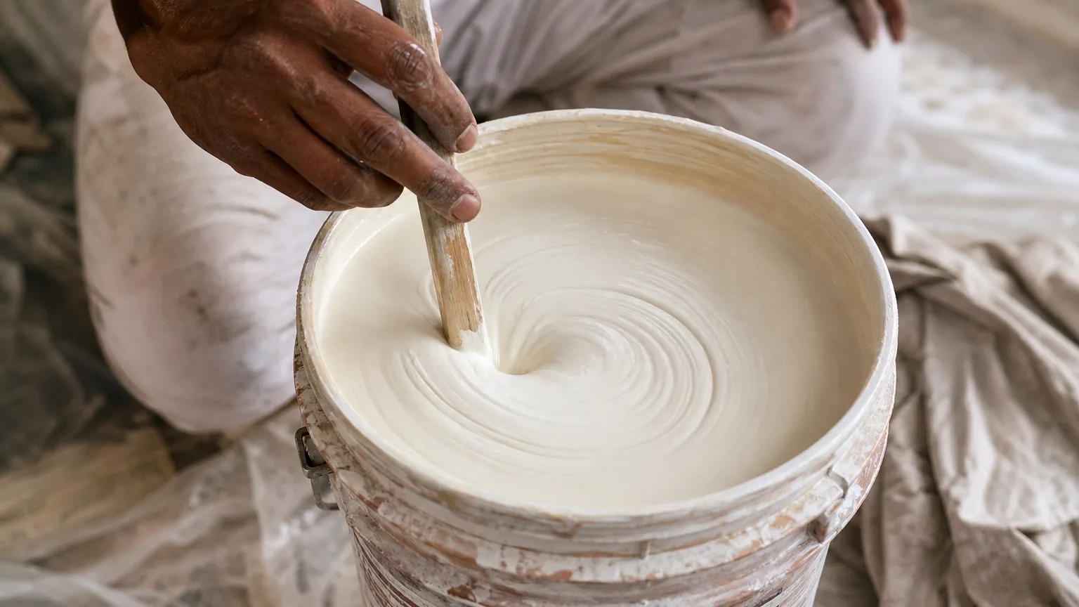 Indian craftsman stirring a creamy warm-white natural-resin emulsion paint pail with a wooden stirring stick