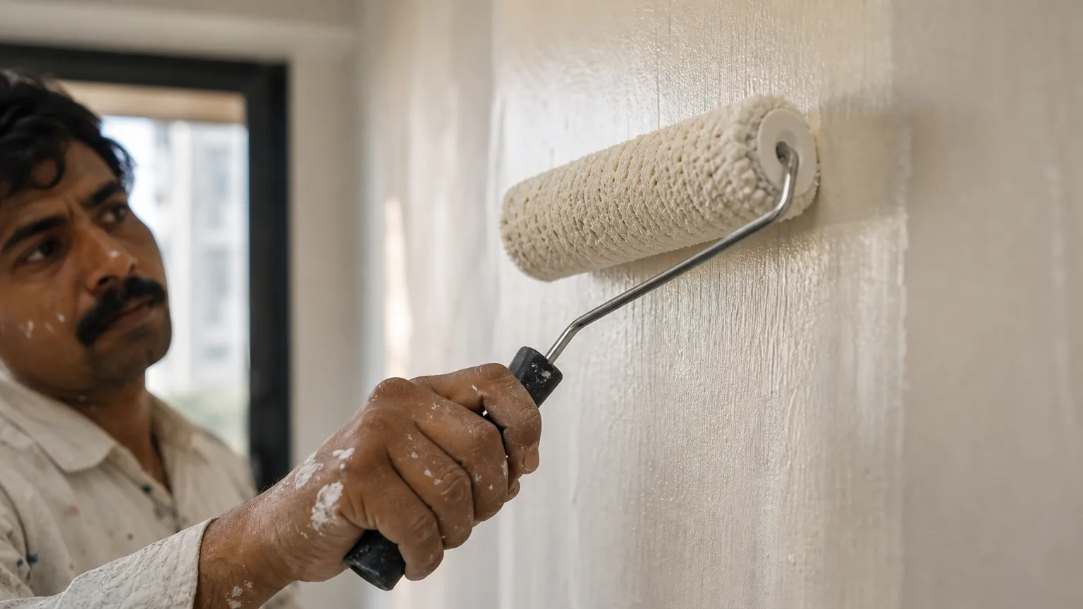Indian craftsman applying creamy warm-white natural-resin emulsion paint with a microfibre roller in long vertical strokes across a modern apartment wall