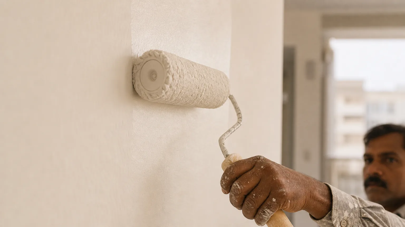 Indian craftsman applying the second coat of natural-resin emulsion paint over the dried first coat with a microfibre roller — deeper matt opacity visible