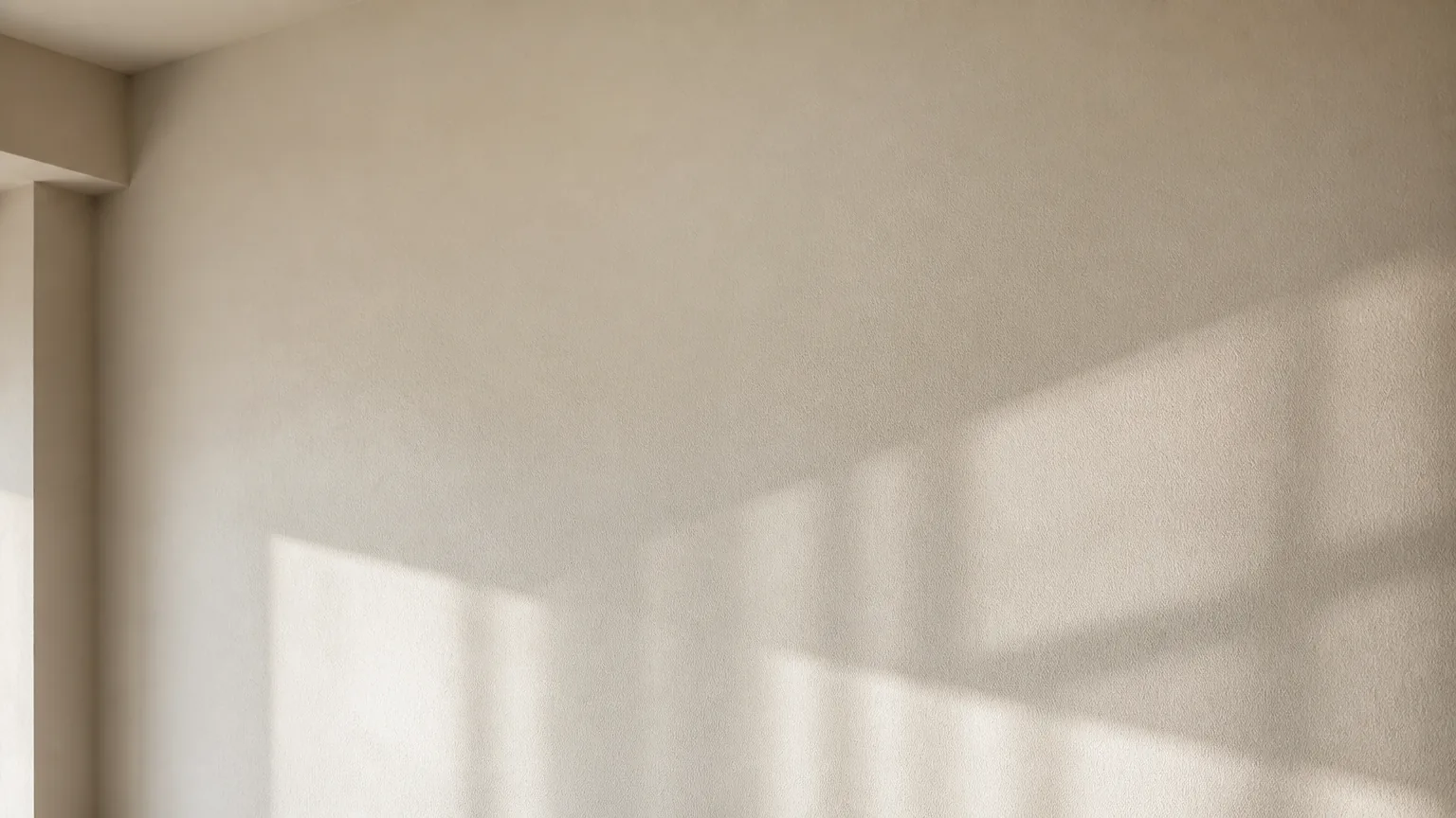 Finished matt natural-resin painted modern Indian apartment wall in soft warm-white with mid-morning daylight raking across the cured surface