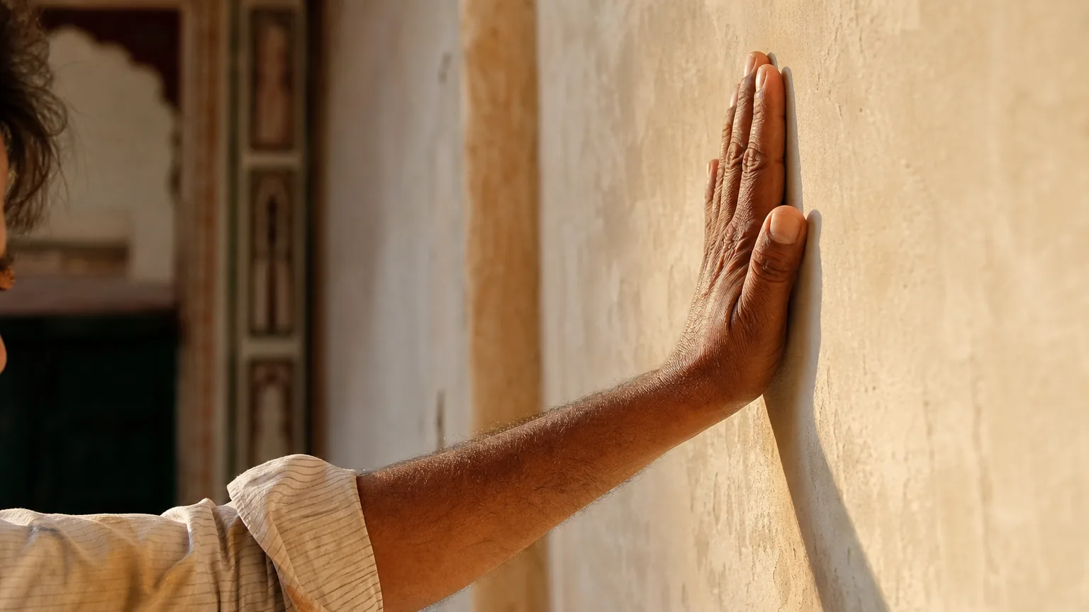 Indian craftsman inspecting a freshly plastered heritage haveli interior wall surface with palm pressed flat checking for moisture and dust