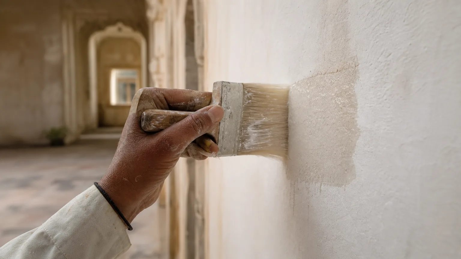Indian craftsman brushing whitish silicate mineral primer onto a patch of chalking lime plaster wall with a flat masonry brush