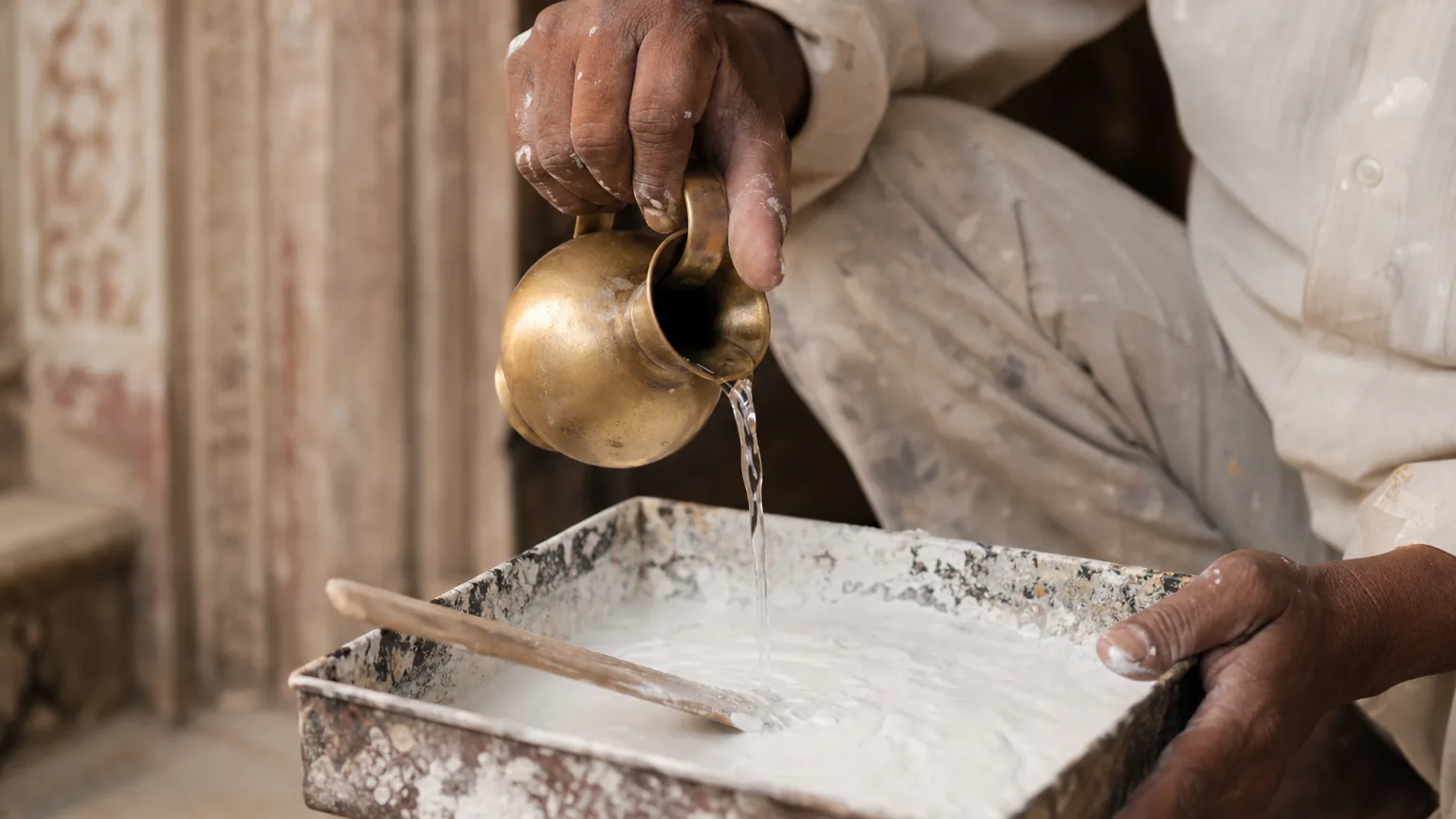 Indian craftsman pouring water from a brass jug into an open painter tray of milky white lime paint with wooden stirring stick