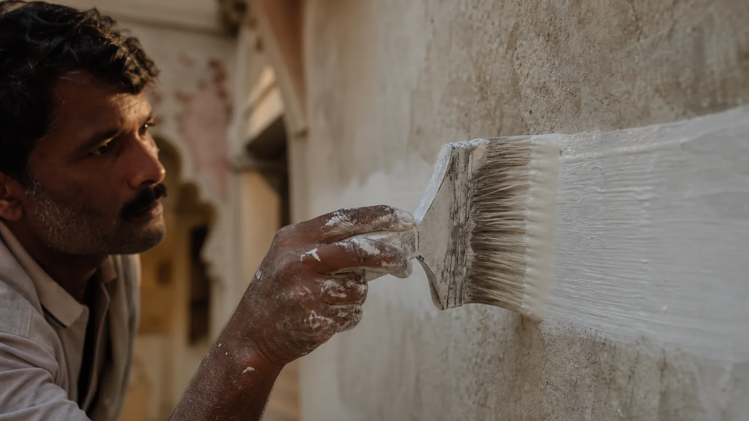 Indian craftsman applying milky-white lime paint with a wide flat masonry brush in long strokes across a heritage haveli interior wall