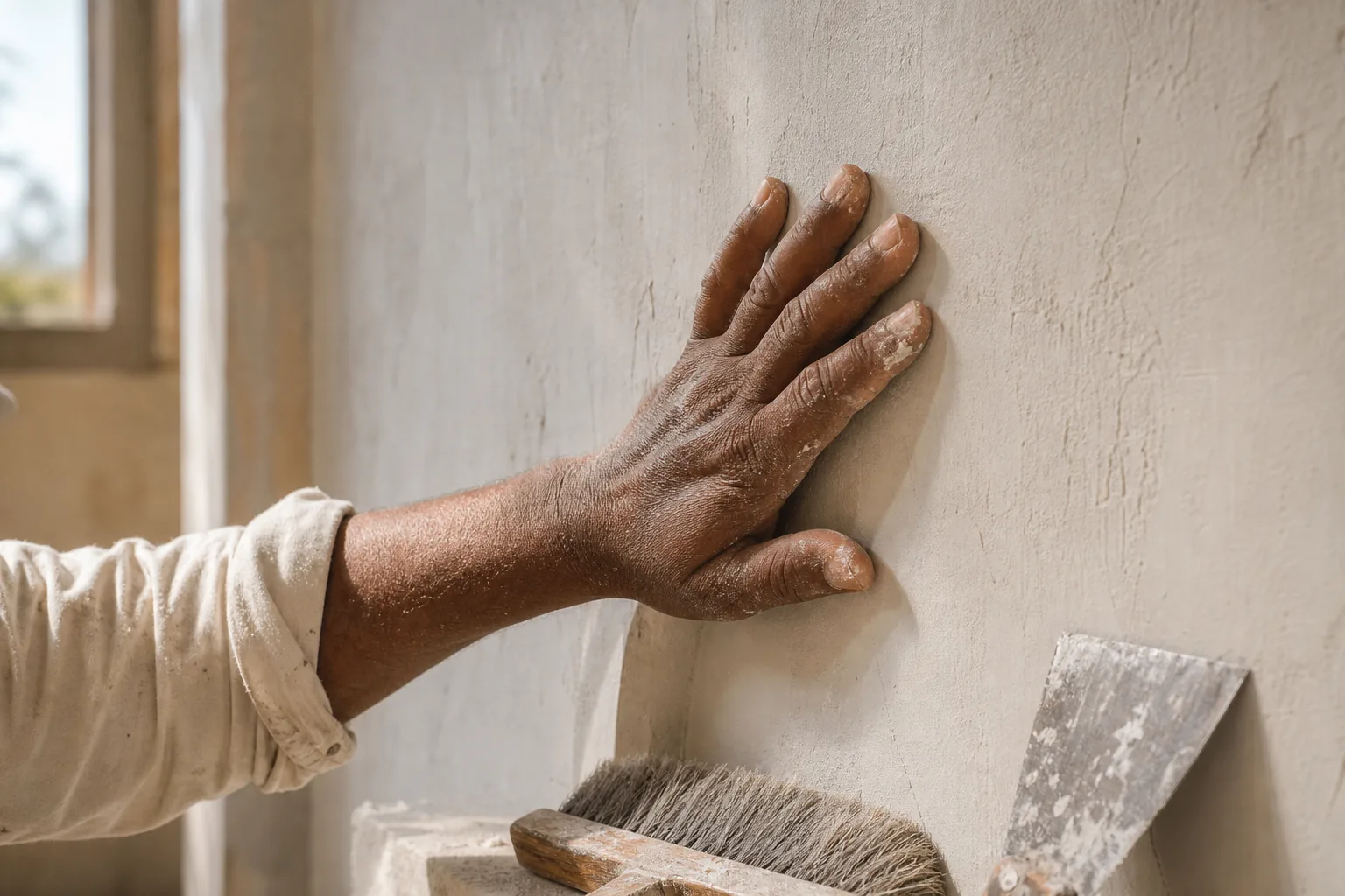 Indian craftsman pressing a palm flat against a freshly plastered interior wall checking for dust and moisture, masonry brush and scraper resting nearby