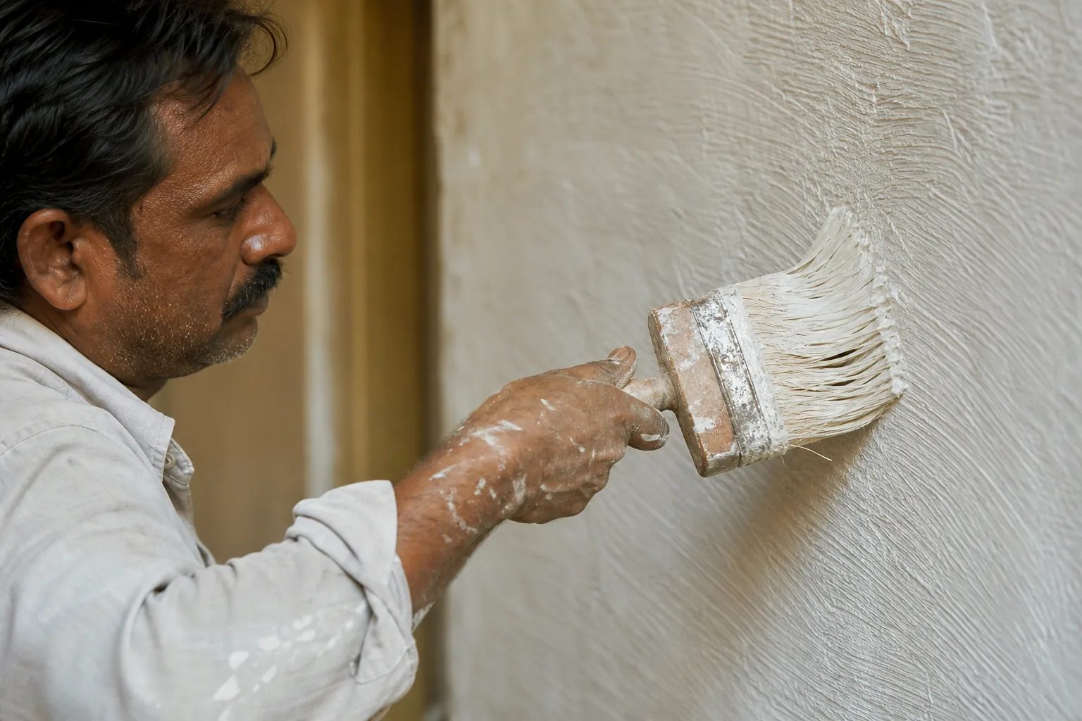 Indian craftsman applying thick creamy white lime render with a wide masonry brush in long strokes across an interior wall, fine texture building up