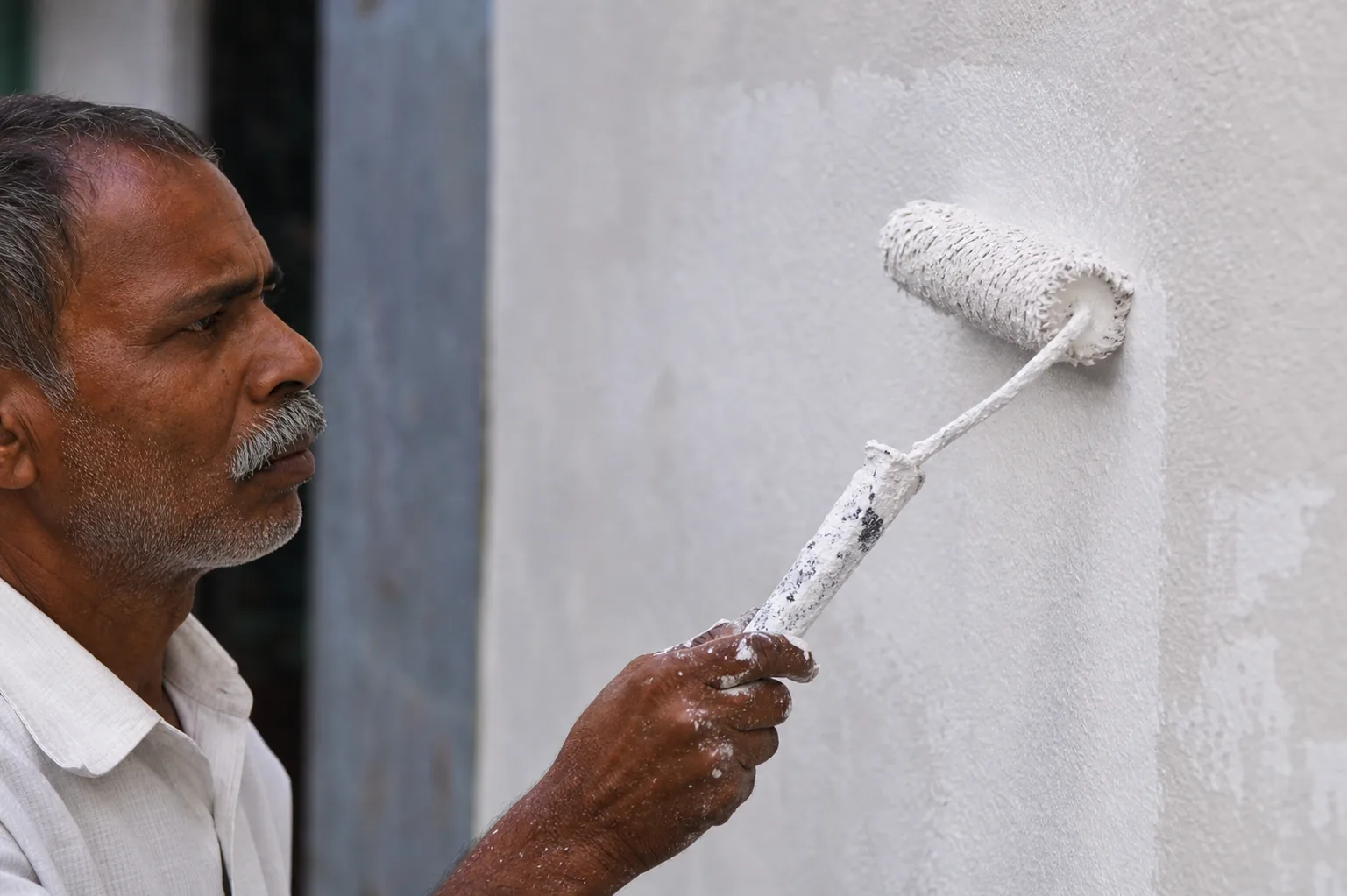Indian craftsman rolling a second coat of white lime render over the dried first coat, fine matt texture and soft cloud-like variation visible