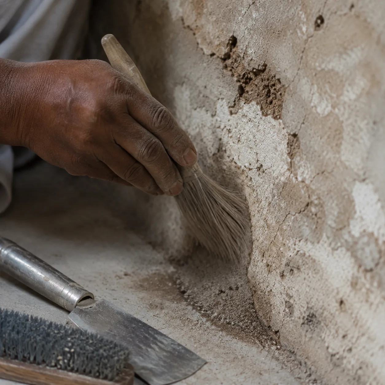 Indian craftsman brushing dust off a patchy interior mineral plaster wall with small holes and hairline cracks, a filling knife resting nearby