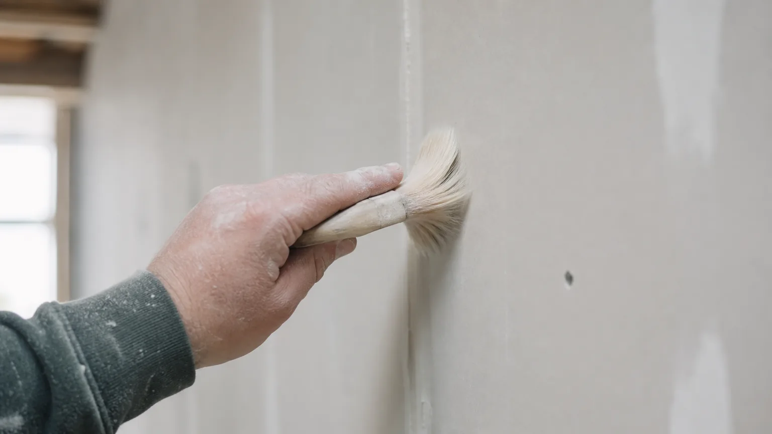 Indian plasterer in plain working clothes brushing dust off a freshly-built gypsum-board partition wall in a contemporary apartment shell, checking the surface is firm and clean before filling