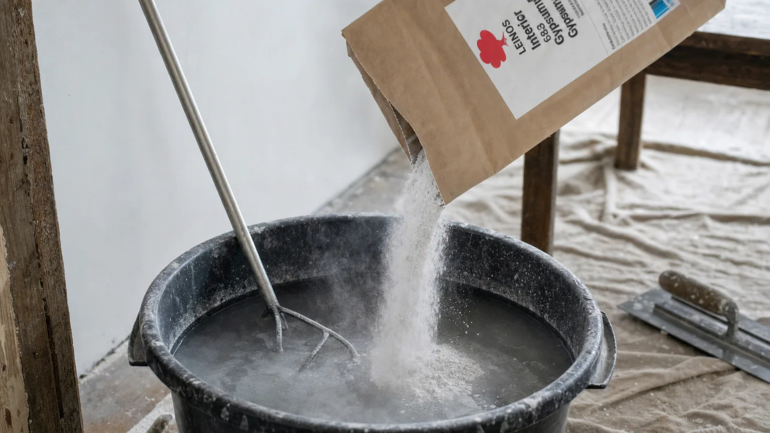 Indian plasterer pouring LEINOS 684 gypsum filler powder from the kraft bag into a mixing bucket of clean water, stirring to a smooth lump-free paste