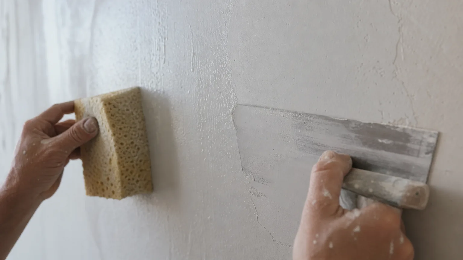 Indian plasterer wetting a filled wall evenly with a sponge board and pulling it flat to a smooth skim under cool daylight
