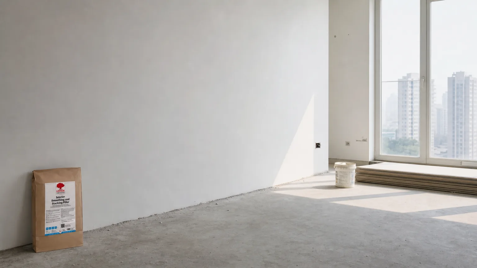 Wide view of the smoothed, cured filled wall under cool mid-morning daylight, sanded flat and ready for primer and paint, the LEINOS 684 bag on the floor at the far-left edge
