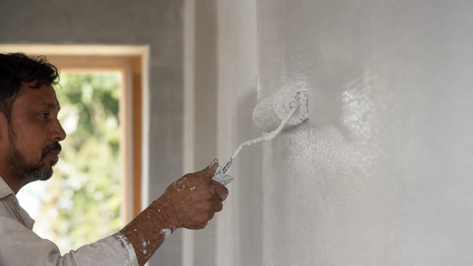 Indian craftsman rolling matt natural-white silicate paint onto a primed interior plaster wall with a paint roller