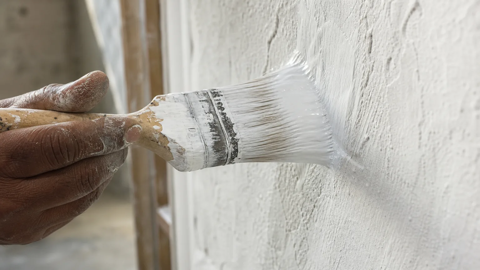 Indian craftsman applying the second undiluted coat of silicate paint over the dried first coat with a wide brush — deeper matt opacity visible