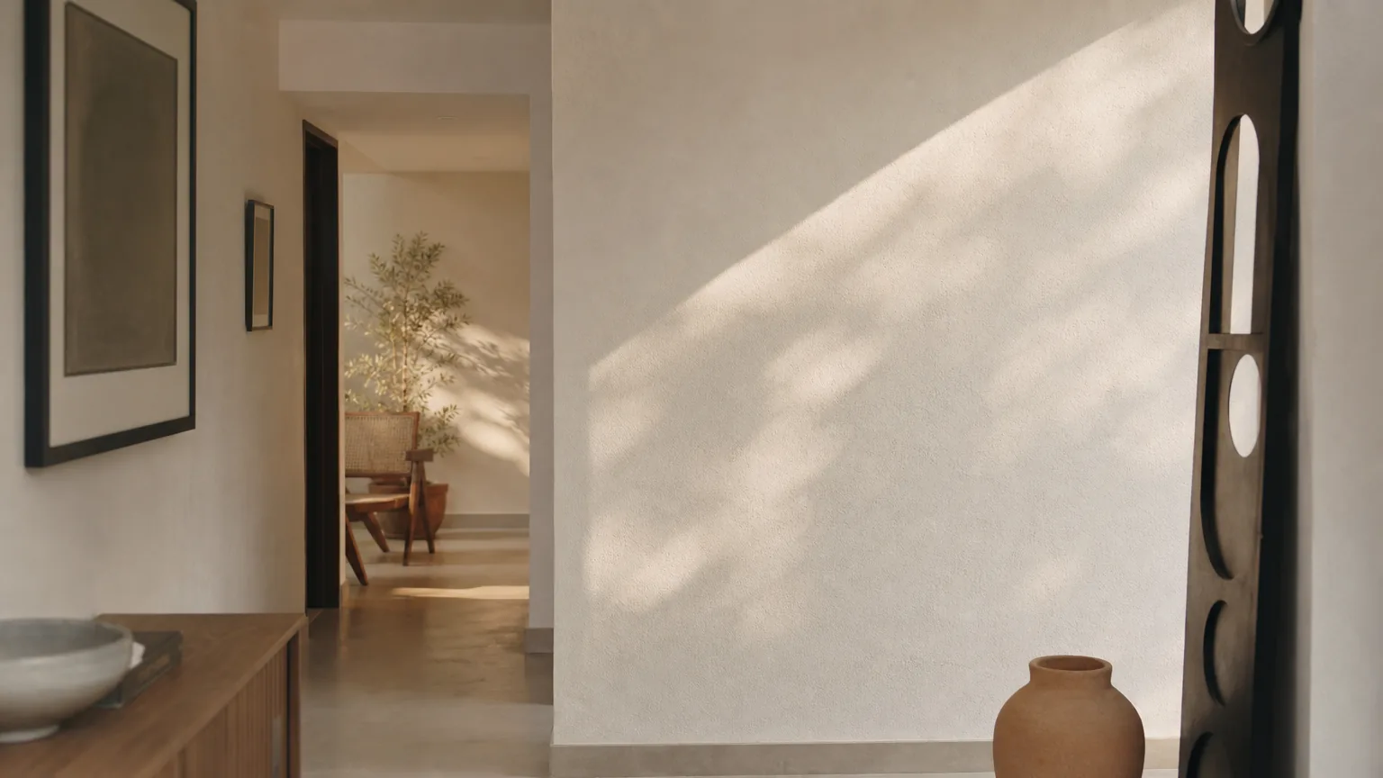 Finished matt natural-white silicate interior wall in a contemporary Indian room with soft daylight raking across the mineral surface